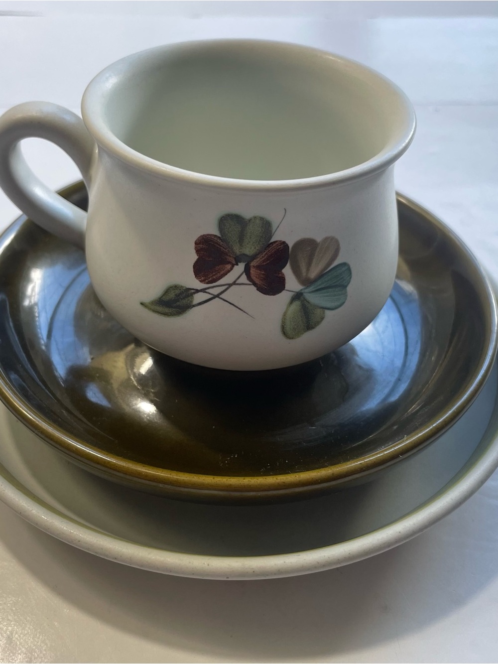 Vintage Denby England "Shamrock" Stoneware Cup, Saucer, & Plate Trio Set